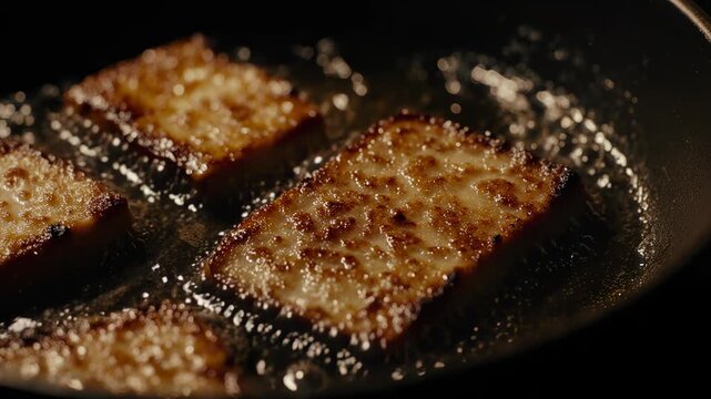 Crispy potato hash browns sizzling in a hot frying pan with oil, showcasing a delicious and satisfying breakfast preparation