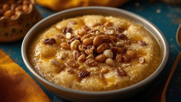 Celebratory semolina dessert with ghee and nuts for Ganesh Chaturthi worship
