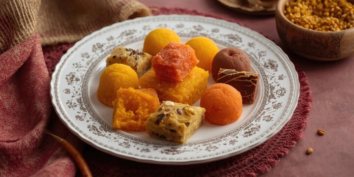 Brightly colored Indian sweets assortment with halwa and mysore pak arranged on an ornate white plate emphasizing texture