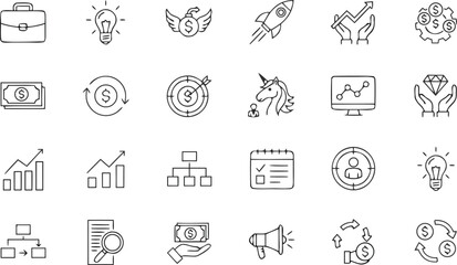 Fototapeta premium Business Growth and Startup Line Icon Vector Collection Featuring Innovation, Investment, Leadership, Analytics, and Financial Success Symbols