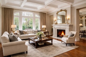 Fototapeta premium Elegant living room layout with hardwood floors and fireplace in a luxury home setting