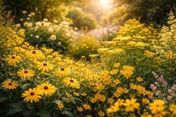 Fototapeta premium Magnificent display of yellow flowers blossoming in a thriving garden setting in spring and summer