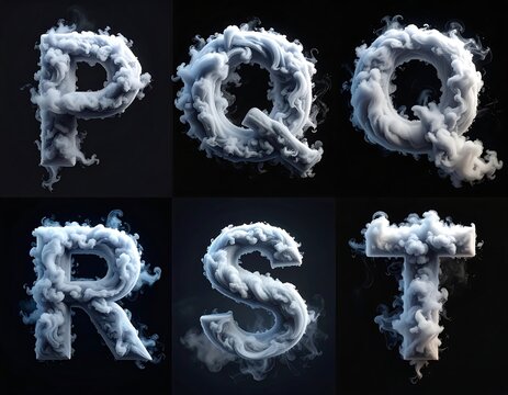 A 3x2 grid of letters made from white smoke on black
