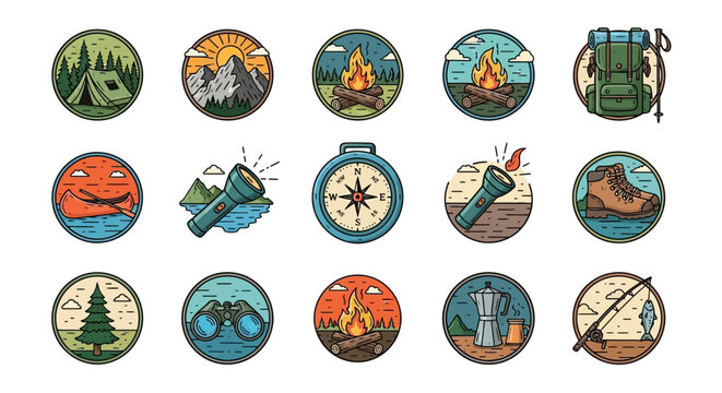 Collection of camping and hiking icons.