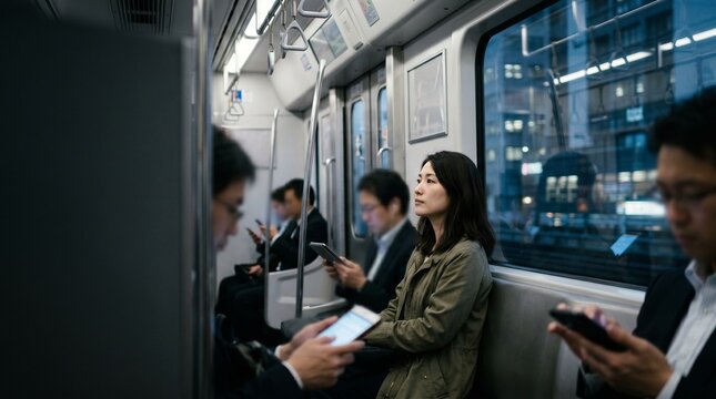 Commuter seeking mental clarity among screen absorbed passengers.