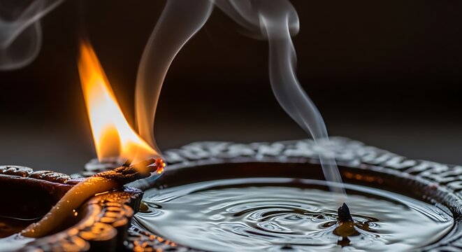 Burning traditional clay oil lamp with smoke rising against dark background