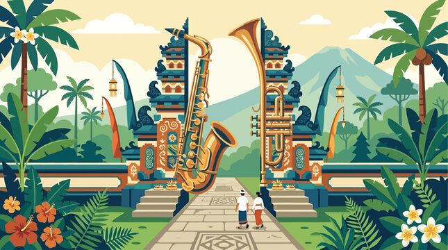 An imaginative flat design illustration portraying a traditional Ubud temple gate, creatively transformed into an archway by stylized jazz instruments, 