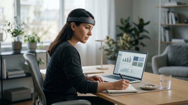 Professional using neurostimulation headband during focused work session