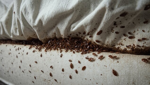 Bed Bug Infestation in Mattress Seams Close-Up, High Detail, Dark Tones
