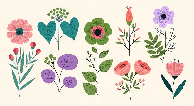 Collection of hand drawn botanical flowers and leaves on beige background