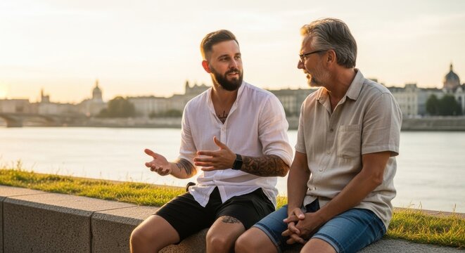 Two men sitting on riverside wall talking and using smartphone during sunset