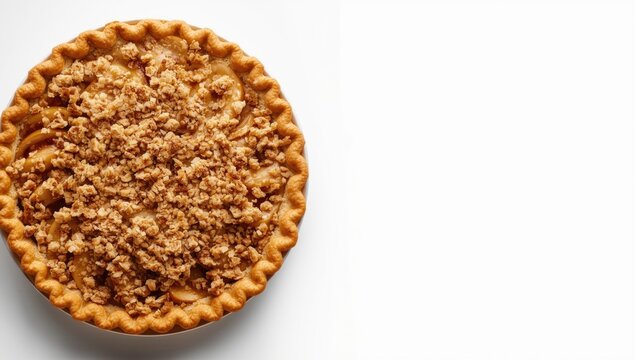 Apple crumb pie with crunchy topping displayed on white background with copy space