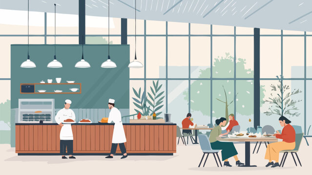 Modern restaurant interior with chefs and customers eating at tables