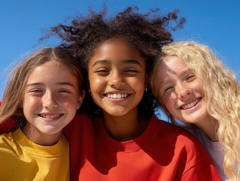Three happy preteen girls hugging outdoors on sunny day