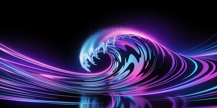 Abstract neon wave breaking with vibrant light particles, 3d render digital illustration on dark background.