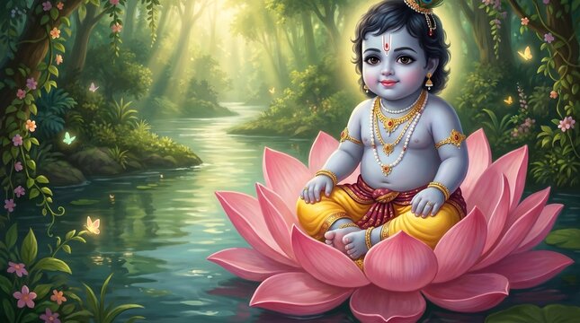 Cute Baby Krishna Sitting on Lotus Flower with Peacock Feathers, Bal Gopal