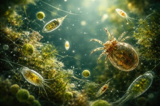 Detailed study of pond microorganisms plankton algae and pond mites in soft focus with copyspace