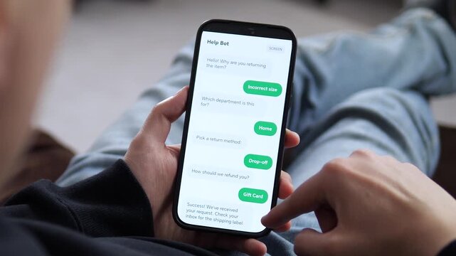 Using a Help Bot to process a product return via chat. The user selects Incorrect size and Home department for a smooth refund. Perfect for e-commerce, customer service automation, and chatbot visuals