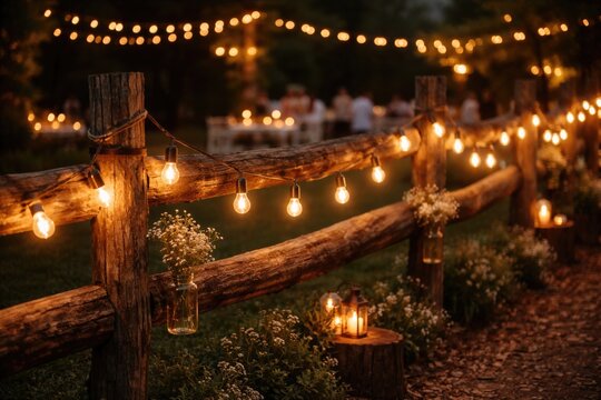 Warm ambiance from garland string lights on rustic fence for charming event decor