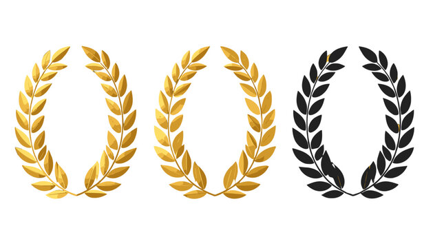 Conjunto de tr&ecirc;s coroas de louros, duas douradas e uma preta, simbolizando vit&oacute;ria e excel&ecirc;ncia em design gr&aacute;fico, isoladas sobre fundo branco para uso em premia&ccedil;&otilde;es e certificados.