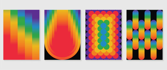Fototapeta na wymiar Pride month poster templates with rainbow gradient geometric stripes, abstract square backgrounds, floral circle pattern and rounded bar design vector set.