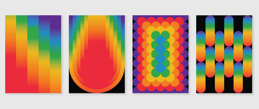 Pride month poster templates with rainbow gradient geometric stripes, abstract square backgrounds, floral circle pattern and rounded bar design vector set.