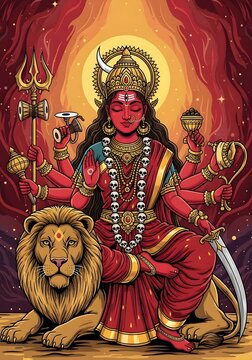 Powerful Hindu Goddess Durga Riding Majestic Lion with Multiple Arms Holding Divine Weapons Against Vibrant Spiritual Background