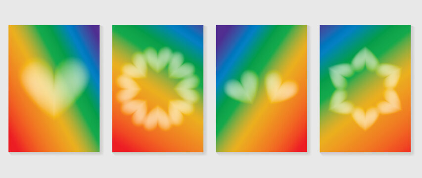 Pride month poster templates with soft rainbow gradient backgrounds, blurred heart, floral wreath, pastel hearts and leaf circle design vector set.