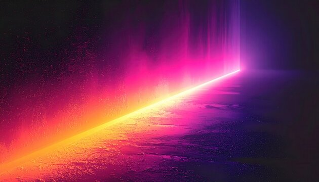 Luz vibrante de n&eacute;on ilumina caminho abstrato com cores quentes e frias em um ambiente escuro.