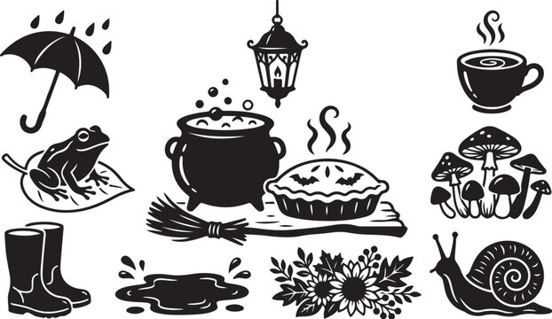 Whimsical black and white Halloween still life illustrations