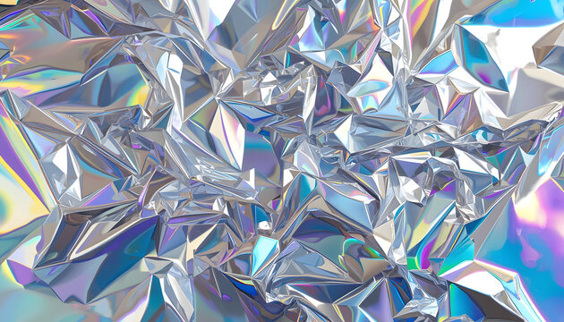 AI generated abstract background of crumpled holographic foil surface with iridescent rainbow reflections