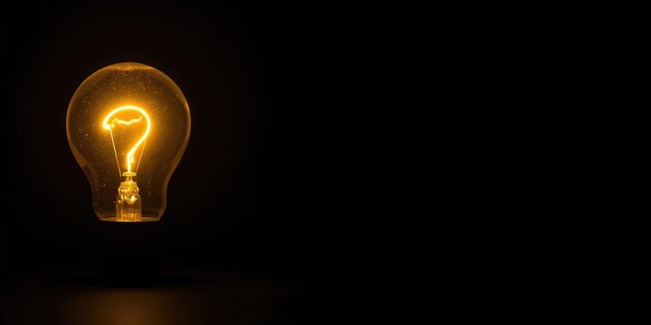 Bright glowing yellow bulb with question mark representing imaginative thinking and innovation on a black surface with copy space