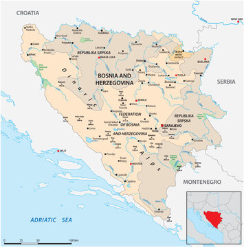 Map of the Southeast European state of Bosnia and Herzegovina