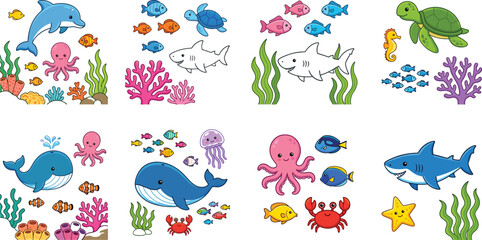 Adorable Kawaii Under the Sea Vector Illustration Collection Featuring Cute Whale Shark Dolphin Turtle Octopus and Crab Elements for Kids Graphic Design © Roymohan