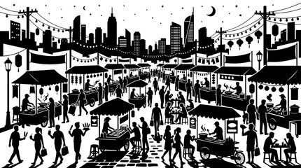 Obraz premium Busy City Night Market Silhouette with Food Stalls and Crowds