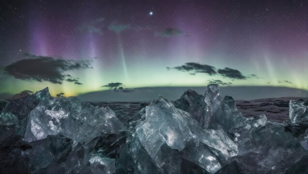 Arctic Ice Landscape with Aurora Borealis Display.