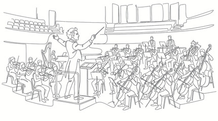 Obraz premium Conductor Leads Orchestra in Concert Hall Performance, Classical Music Ensemble