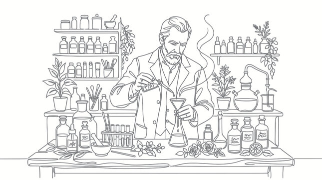 Vintage scientist in lab, conducting experiment with plants and glassware