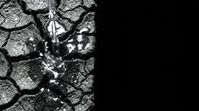 Water pouring onto cracked dry earth. Liquid hydrating parched soil surface. Drought environment, irrigation of wasteland. Aridity concept with refreshing stream