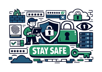 Naklejka premium Cyber security concepts illustrated with icons and a person using a laptop