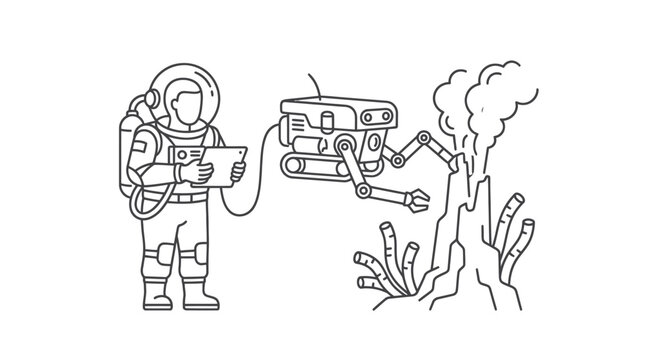 Astronaut controls robot exploring volcanic planet with tablet