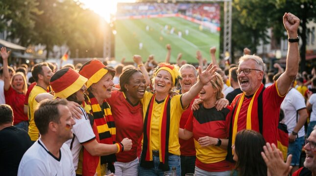 Cheerful german football soccer fans celebrating victory at outdoor public viewing event with beer