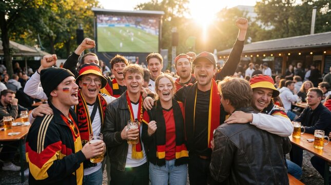 Cheerful german football soccer fans celebrating victory at outdoor public viewing event with beer