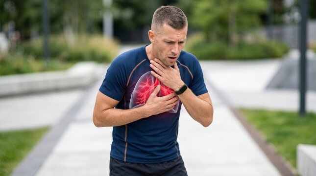 Man suffering from breathing difficulty and chest pain with highlighted lung illustration. Symptom of respiratory disease, asthma or infection. Healthcare and medical diagnostic concept.