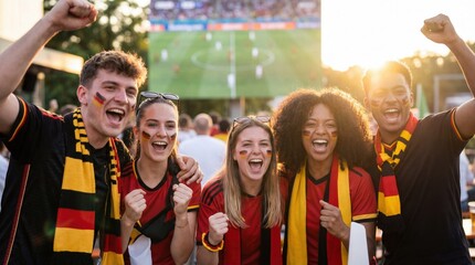Fototapeta premium Cheerful german football soccer fans celebrating victory at outdoor public viewing event with beer