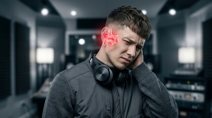 Obraz premium Man suffering from ear pain with glowing red anatomy illustration. Sound engineer touching head due to tinnitus or hearing damage. Healthcare concept for acoustic trauma and infection.