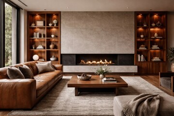 Fototapeta premium Stylish living space including leather sofa wood table integrated shelving and fireplace with copy space