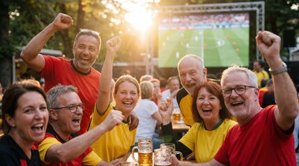 Fototapeta premium Cheerful german football soccer fans celebrating victory at outdoor public viewing event with beer