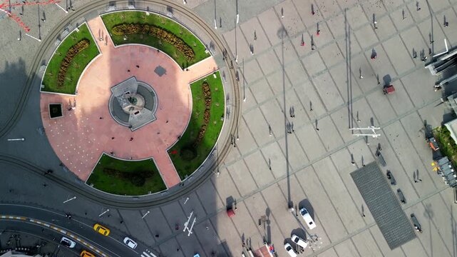 Taksim Square Republic Statue, drone rotation above shot