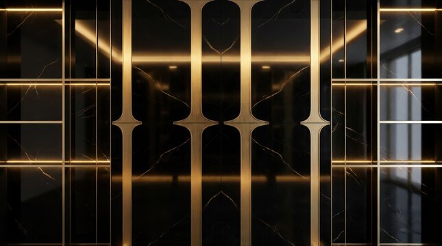 Elegant black and gold interior design with geometric lines and lighting